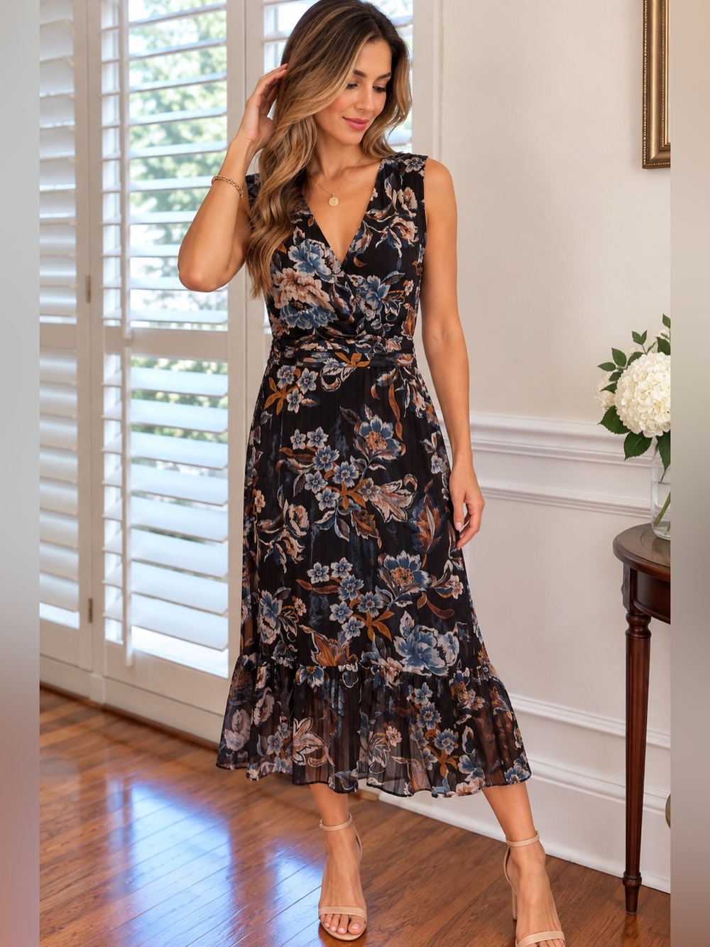 White House Black Market Black Floral Midi Dress with Blue Accents